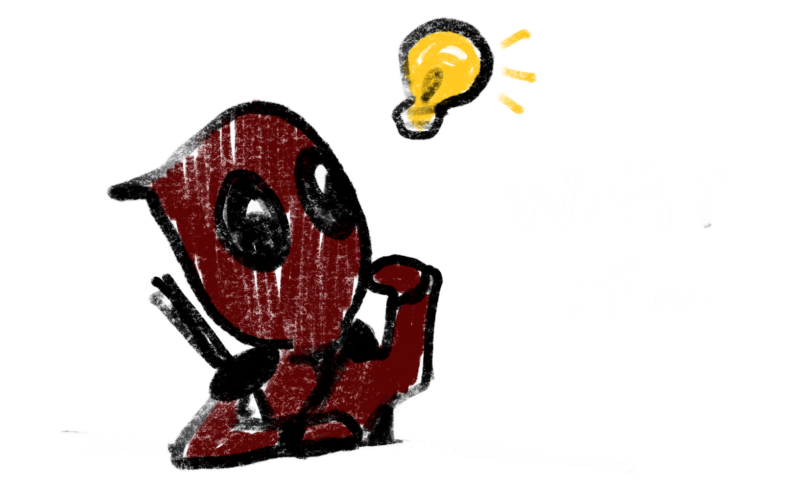 Crayon Deadpool with a lightbulb thinking What If...