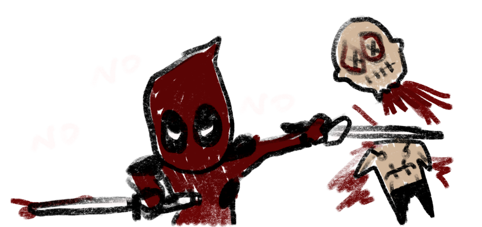 Crayon Deadpool cutting the head off Weapon XI Deadpool with little no no no's.